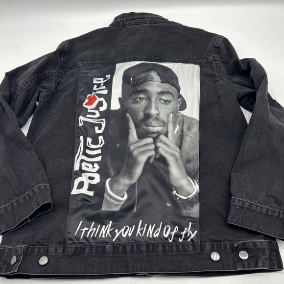 Tupac Shakur Poetic Justice Black Denim Jean Jacket Size LARGE By Chemistry - Picture 2 of 8